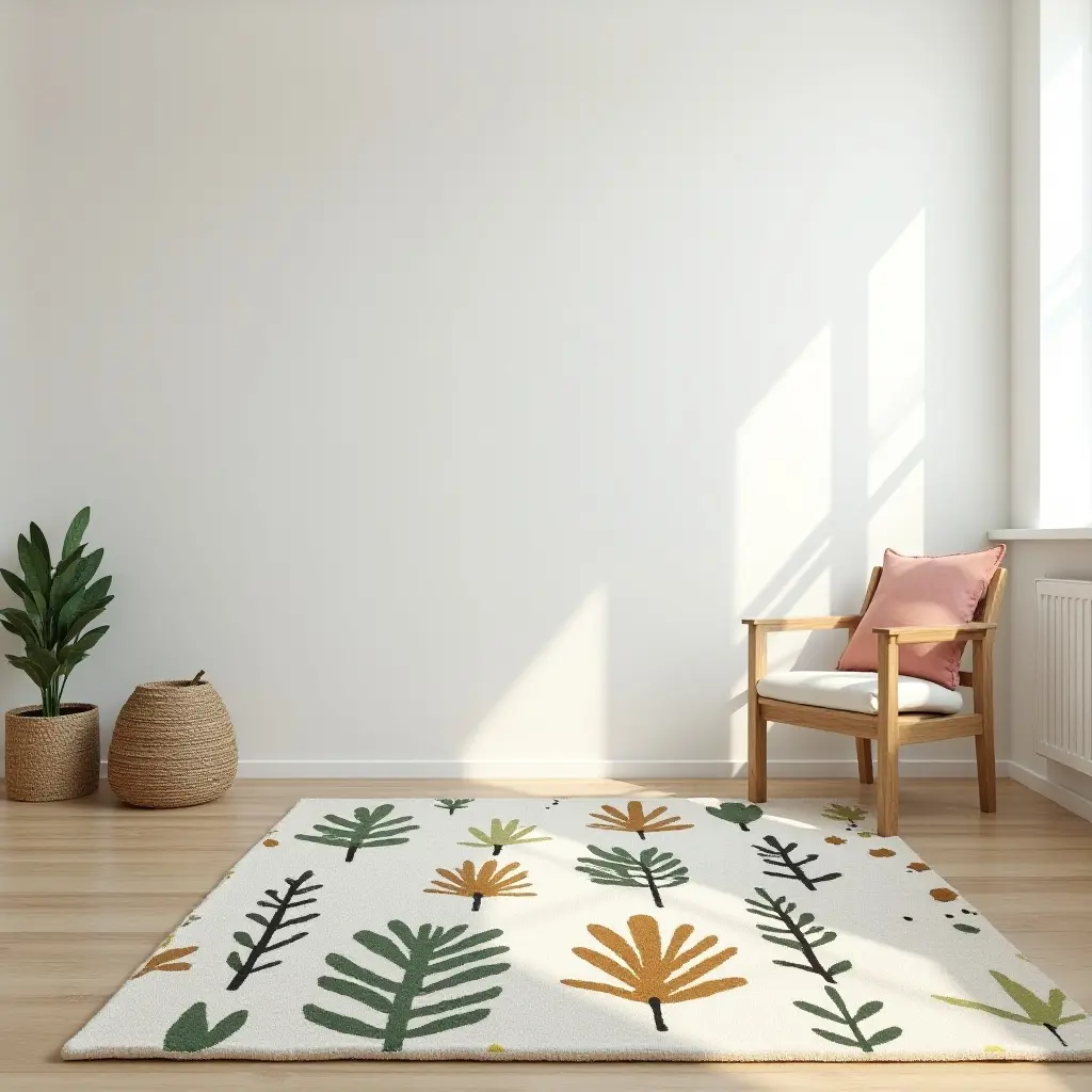 a photo of a child's room with a plant-themed rug