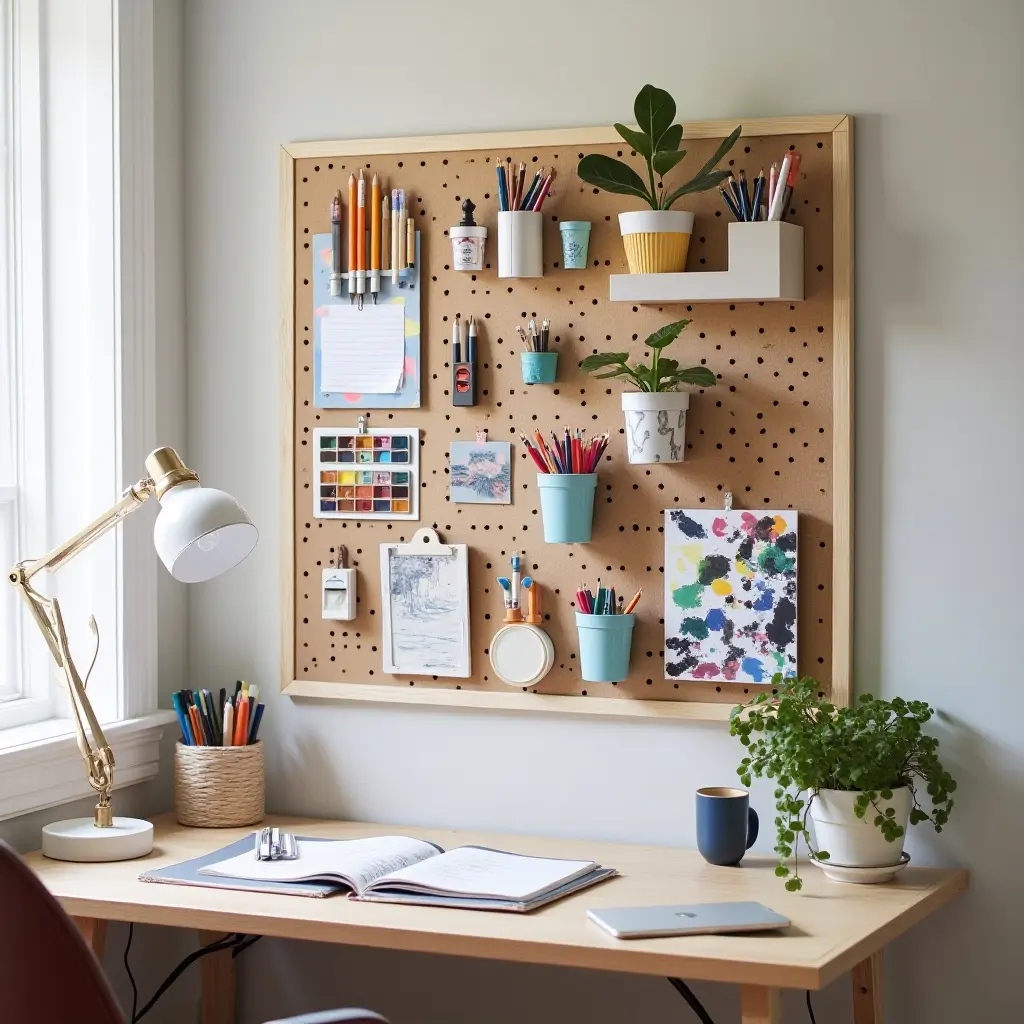 a photo of a DIY pegboard wall organizer filled with art supplies in a teen's room