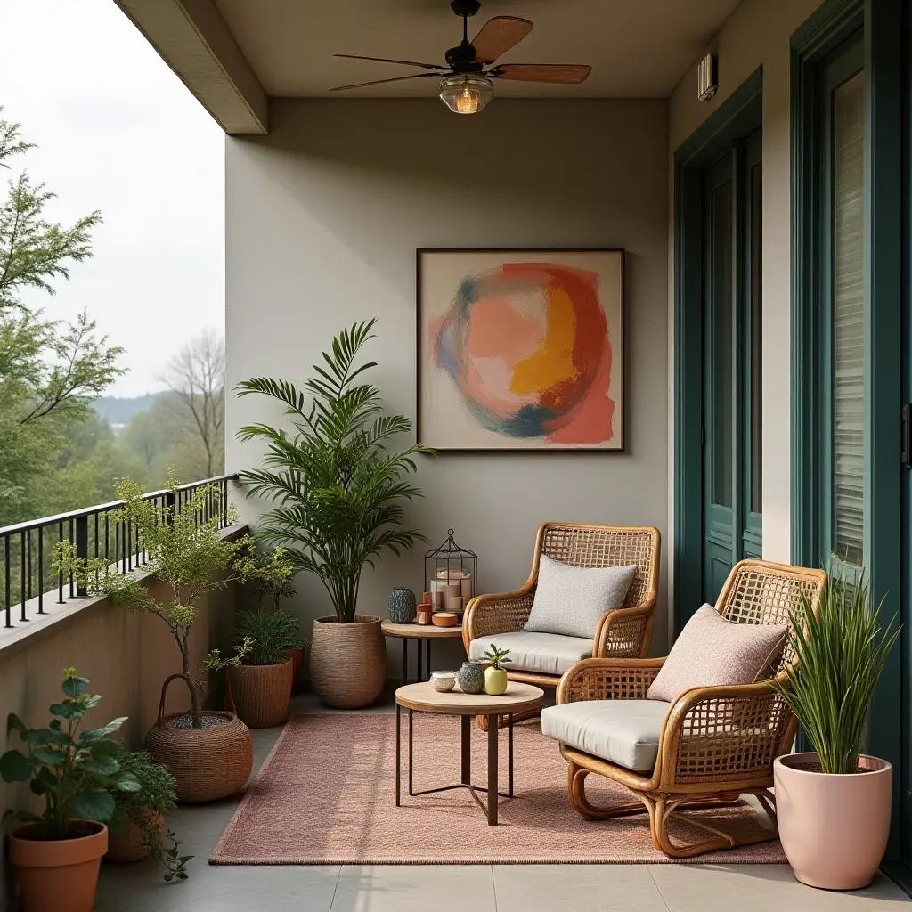 a photo of a balcony decorated with a mix of textures and colors