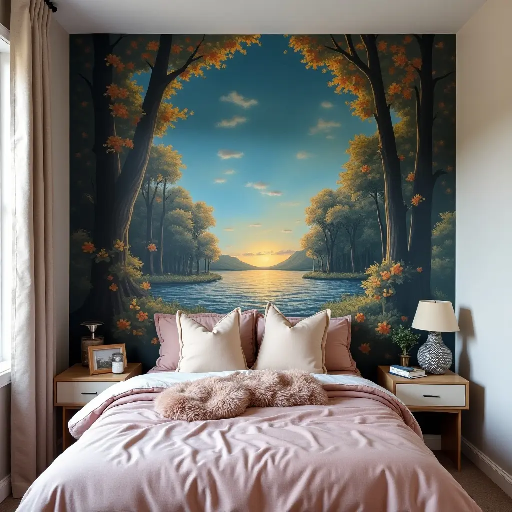 a photo of a wall adorned with a mural of a favorite book cover in a teen's bedroom