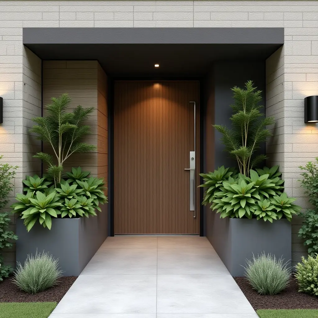 a photo of a compact entrance with vertical storage solutions and plants