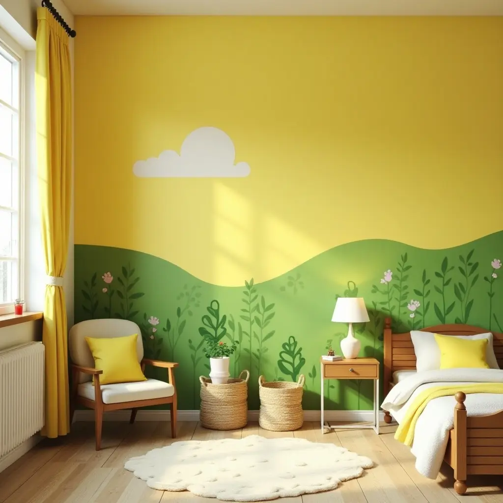 a photo of a bright yellow and green outdoor-themed kids' room