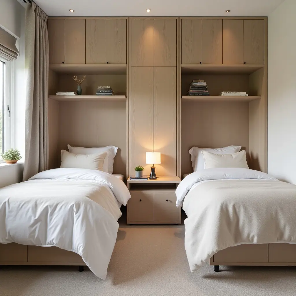 a photo of a cozy shared bedroom with twin beds and creative storage solutions