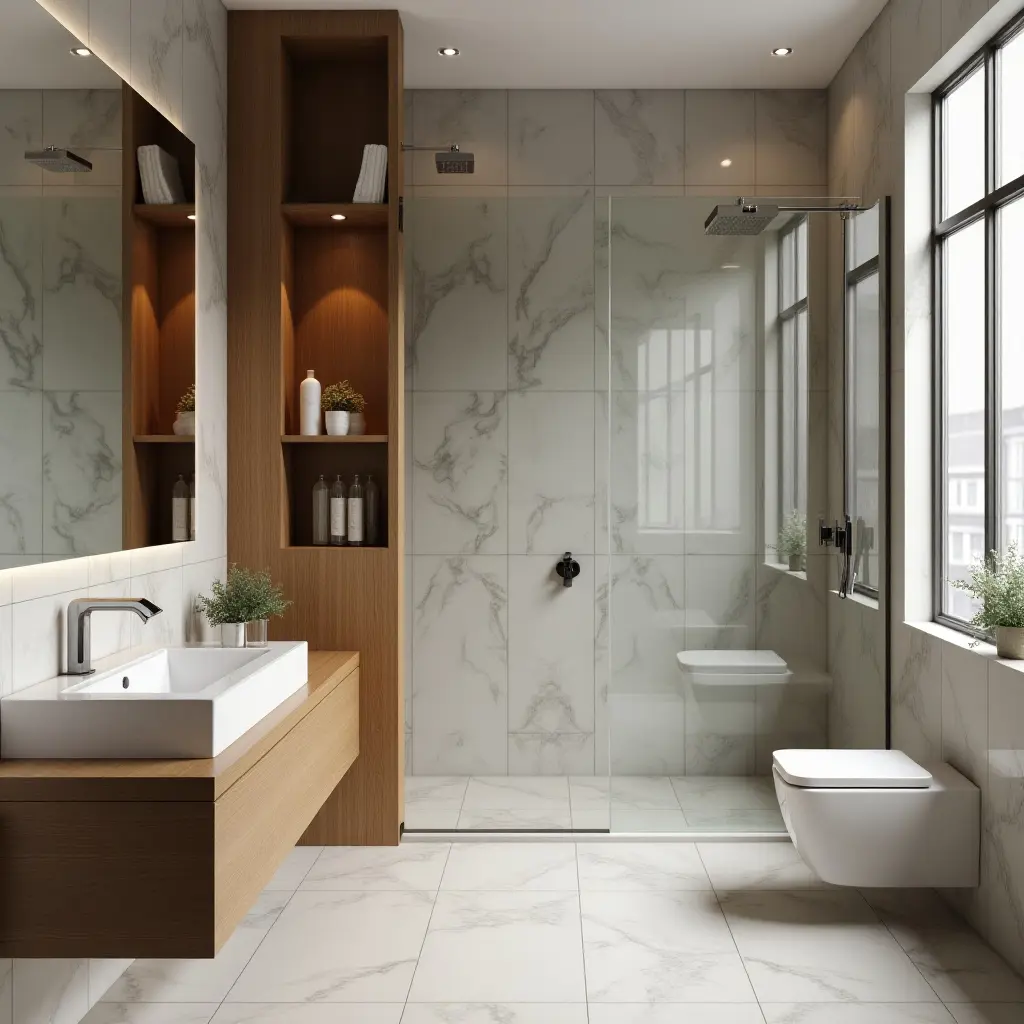 a photo of a contemporary bathroom with contrasting tile, wood, and metal finishes