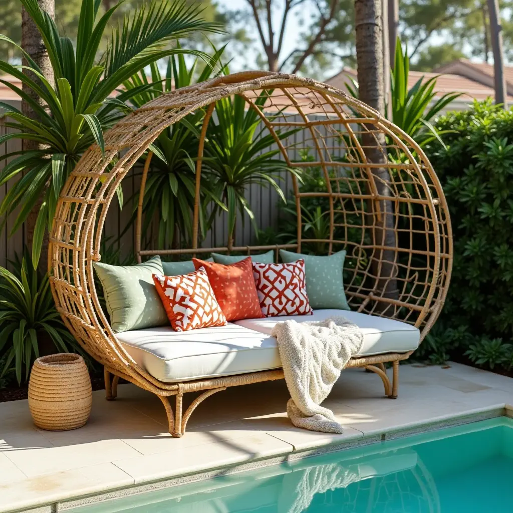 a photo of a tropical-themed poolside daybed with plush pillows
