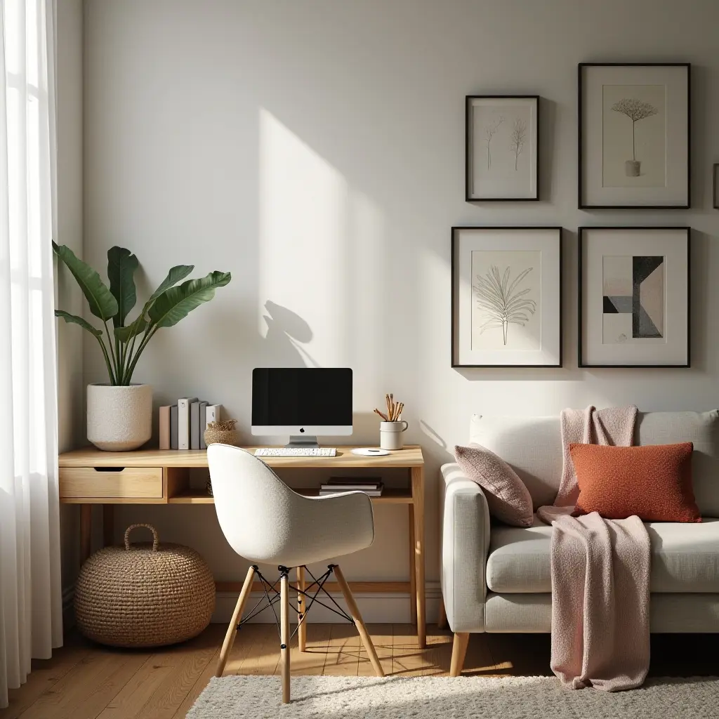 a photo of a study area with a comfy throw blanket and cushions