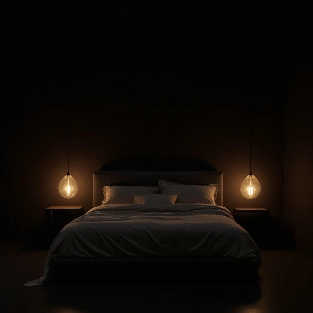 a photo of a dark-themed bedroom with dramatic pendant lighting for ambiance