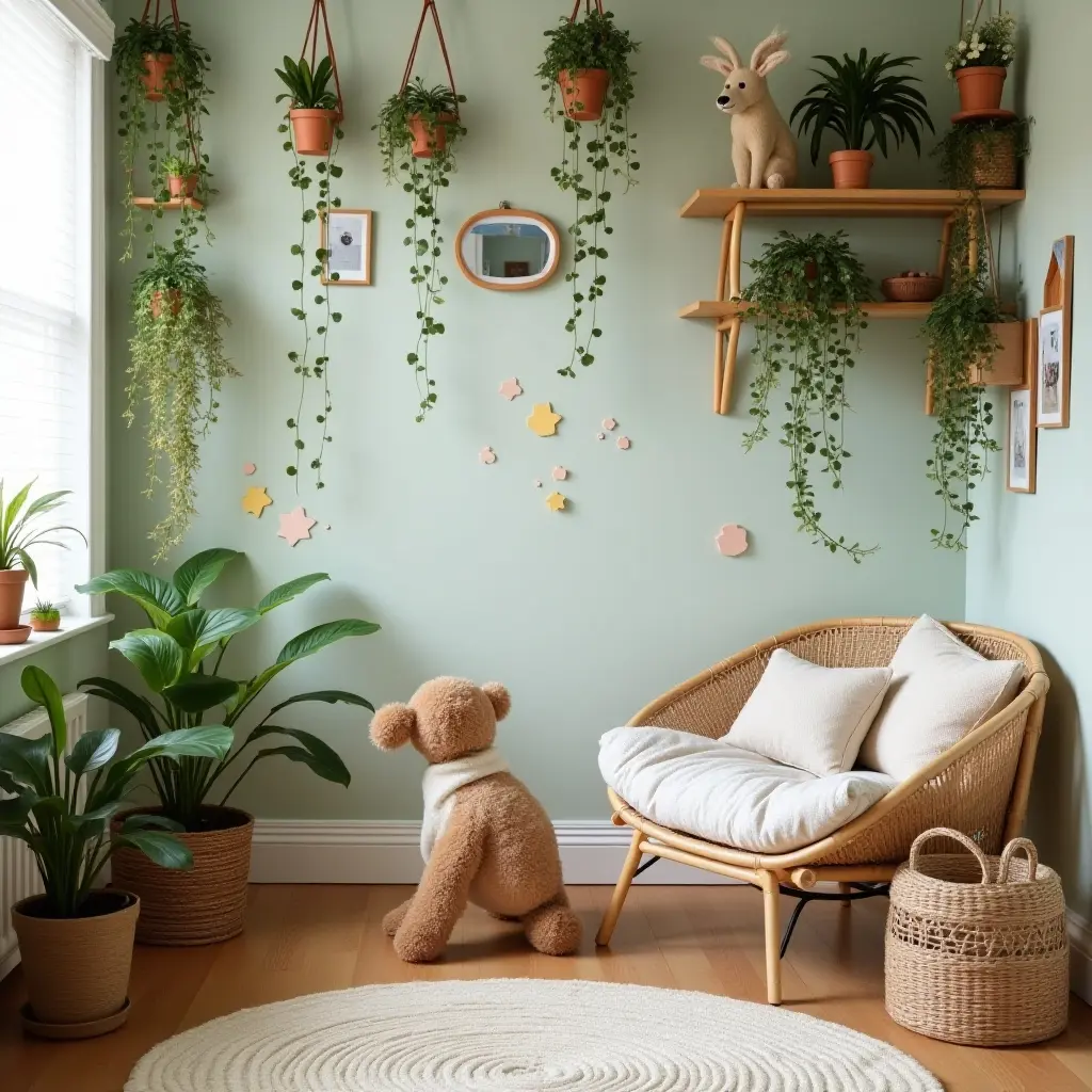 a photo of a child's room featuring indoor climbing plants