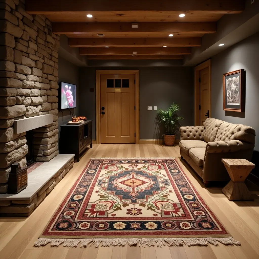 a photo of a rustic cabin-style rug in a cozy basement retreat