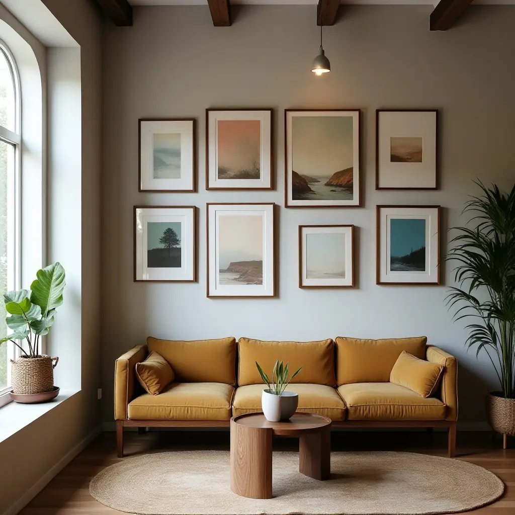 a photo of a gallery wall showcasing local artists' works in a cozy nook