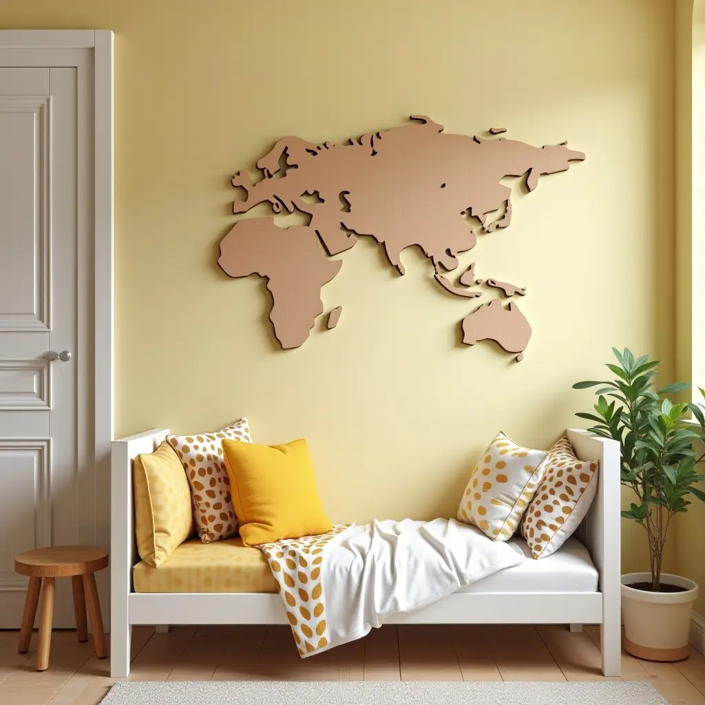 a photo of a fun kids' room with wooden wall art and bright colors