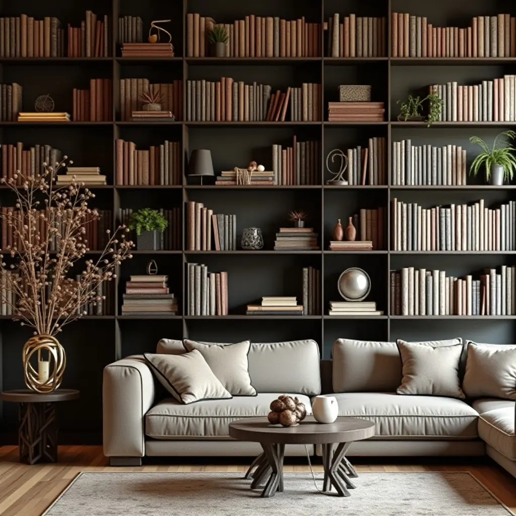 a photo of a library with artistic wall-mounted bookshelves and decor