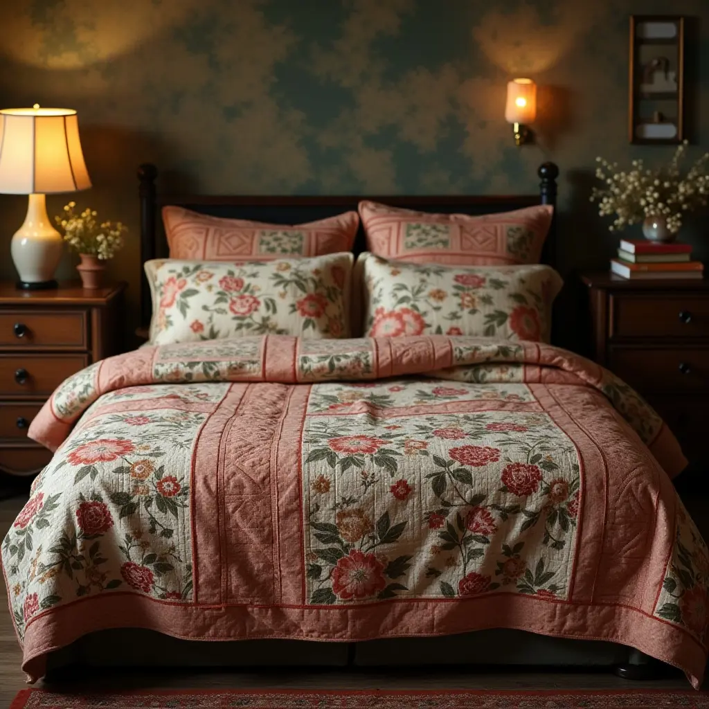 a photo of a cozy bed with layered vintage quilts