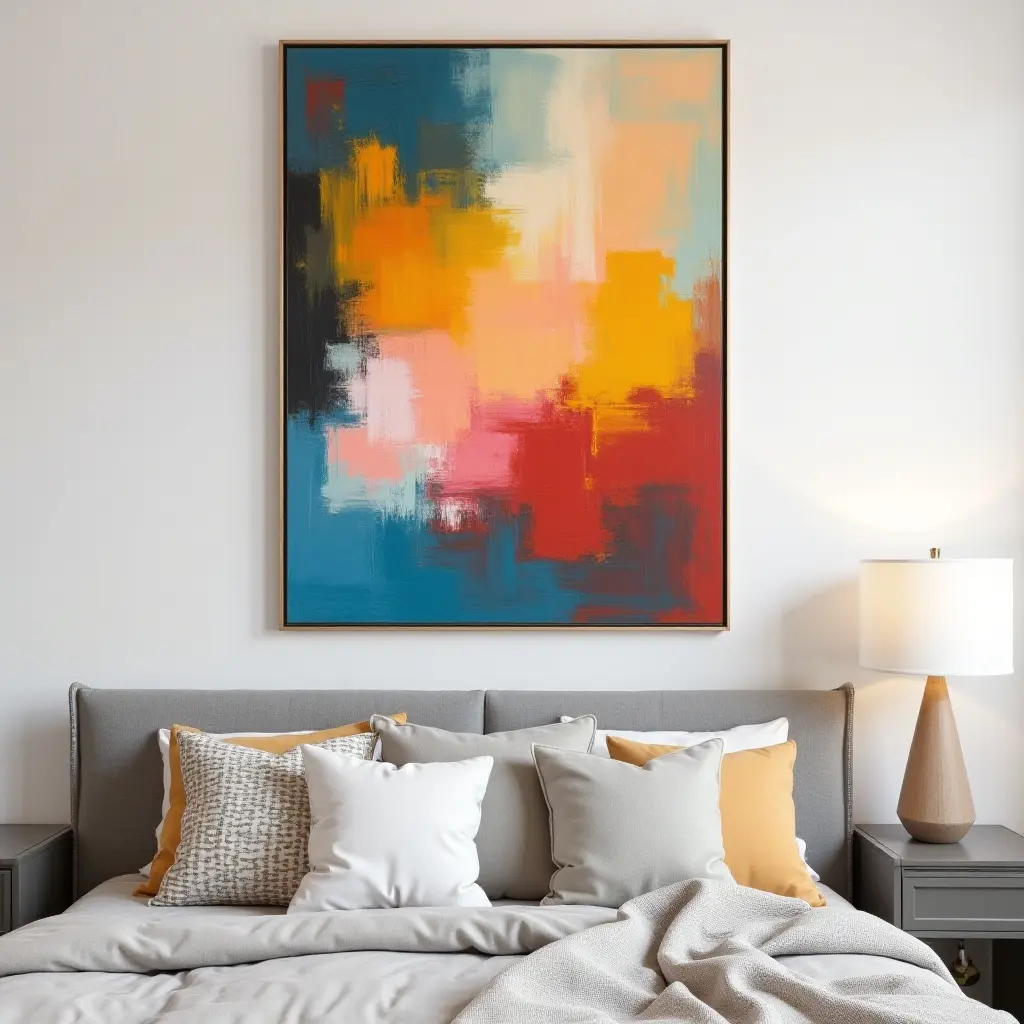 a photo of a colorful abstract painting as a statement piece on a teen's wall