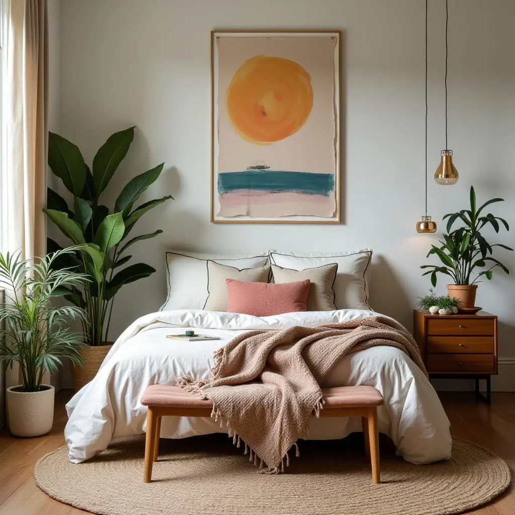 a photo of a bohemian-inspired bedroom with plants and eclectic decor