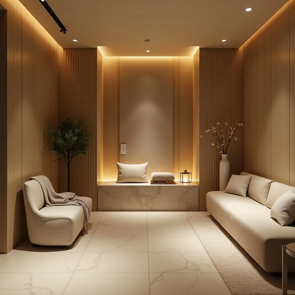 a photo of a serene basement spa area with calming features