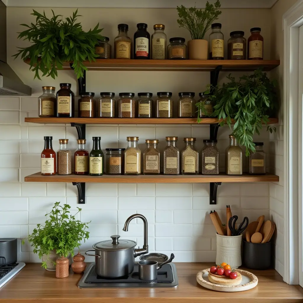a photo of open shelves in a cozy kitchen filled with fresh herbs and spices