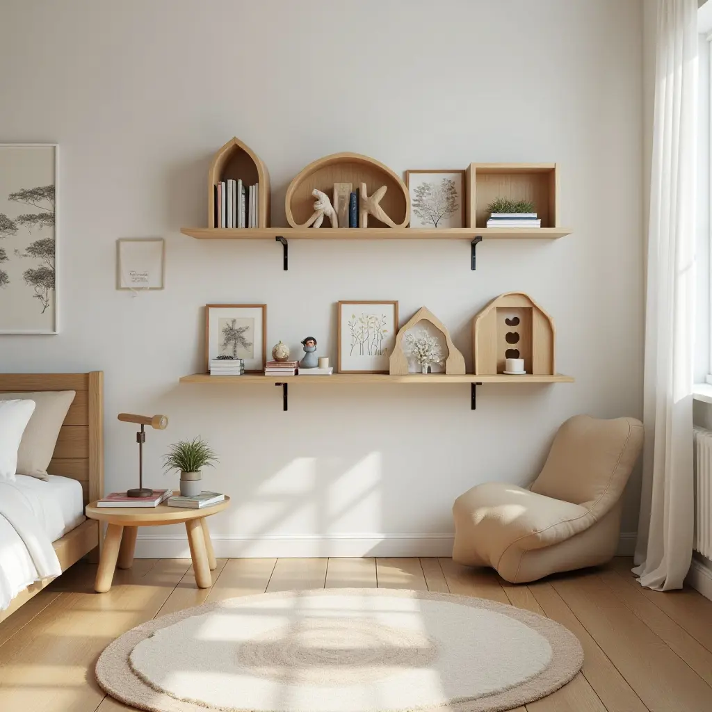 a photo of a charming kids' room with wooden shelves and books