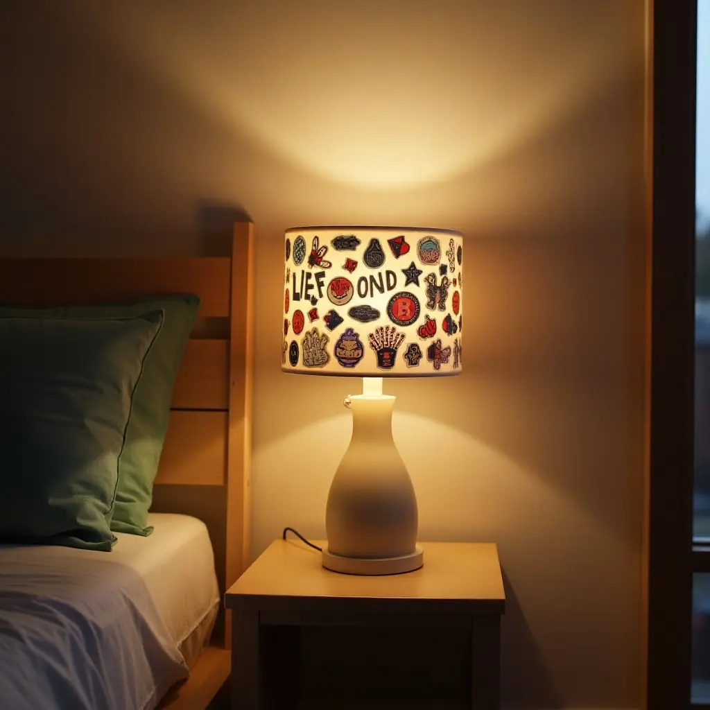 a photo of a personalized lamp shade decorated with stickers in a teen's room