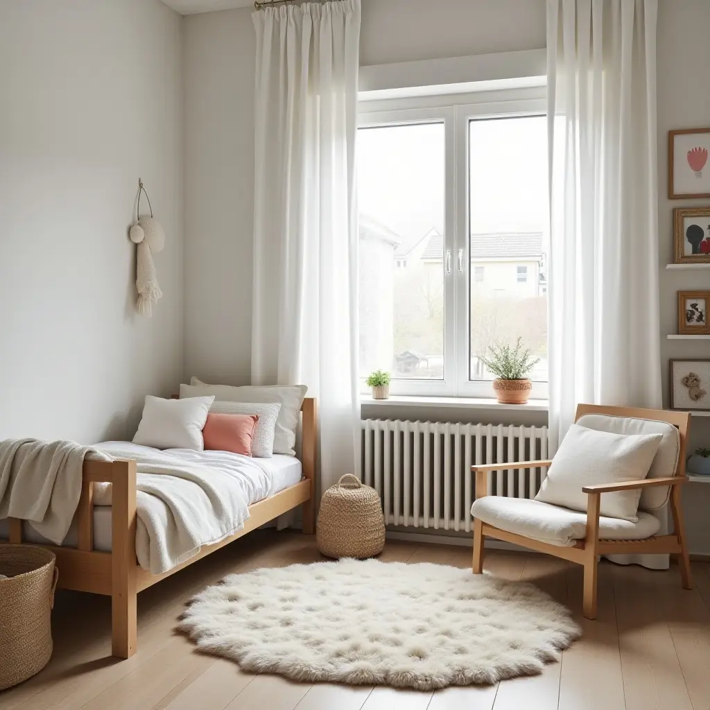 a photo of a light-filled Scandinavian kids' room with a reading nook and soft rugs