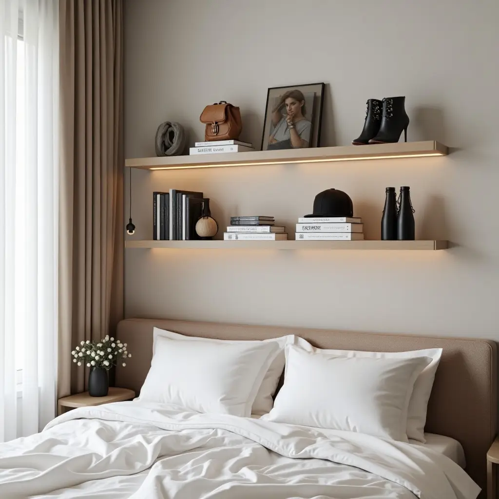 a photo of a chic bedroom shelf with fashion books and stylish accessories