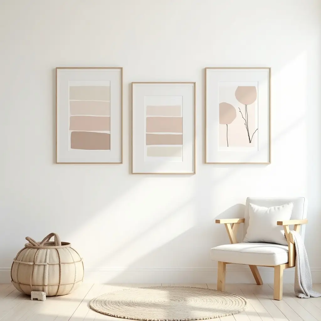a photo of a nursery gallery wall featuring oversized art pieces