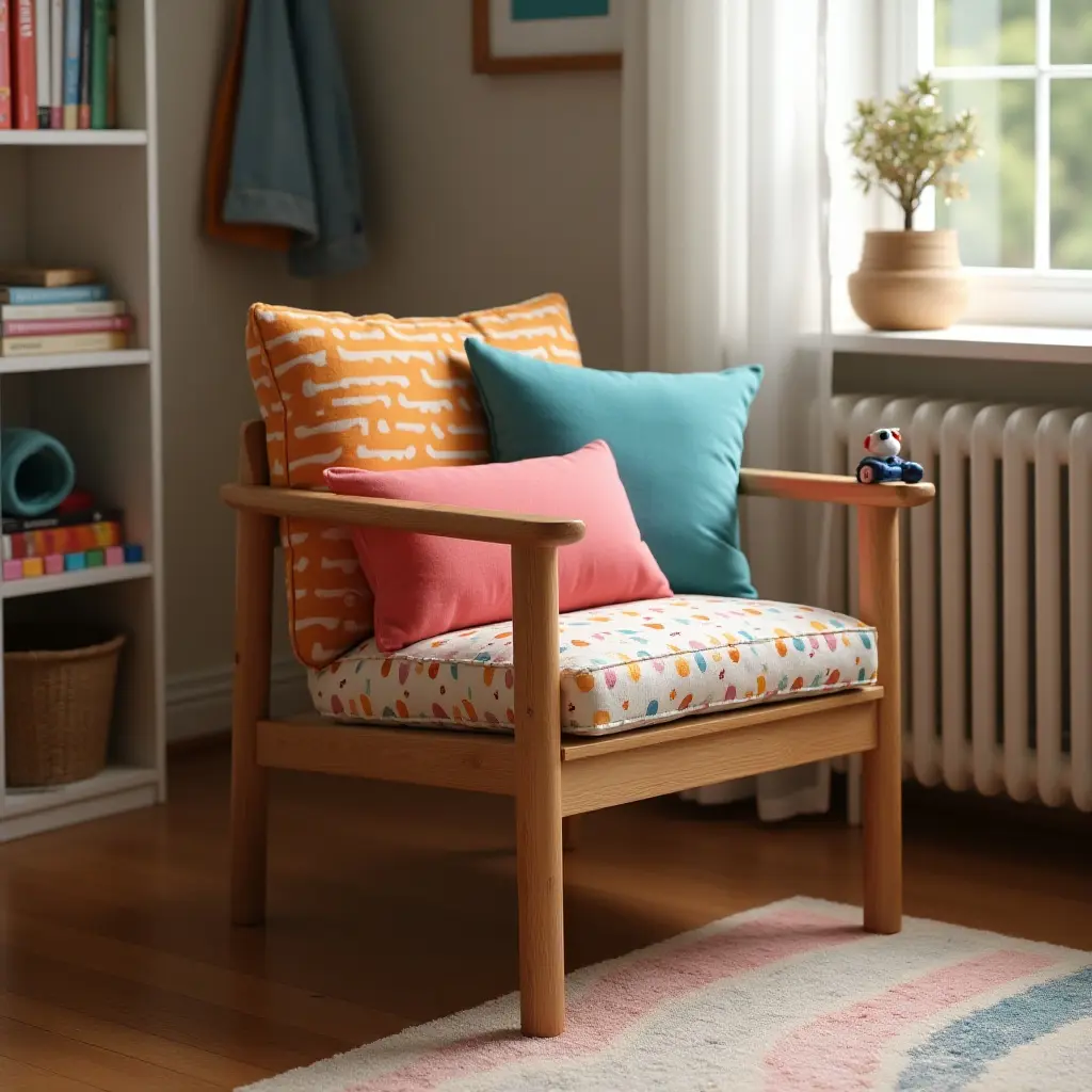 a photo of a wooden chair with colorful cushions in a teen's bedroom