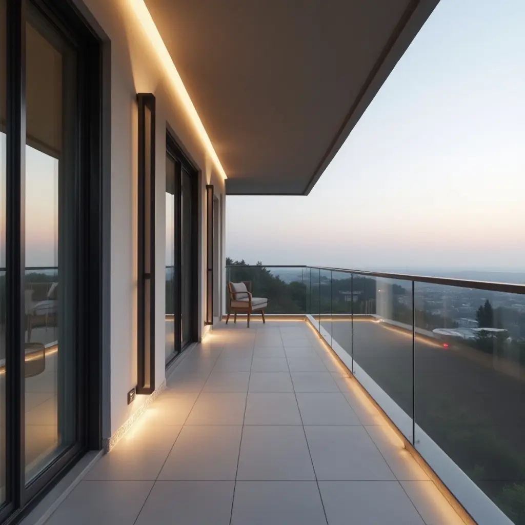 a photo of a minimalist balcony with sleek, modern light fixtures