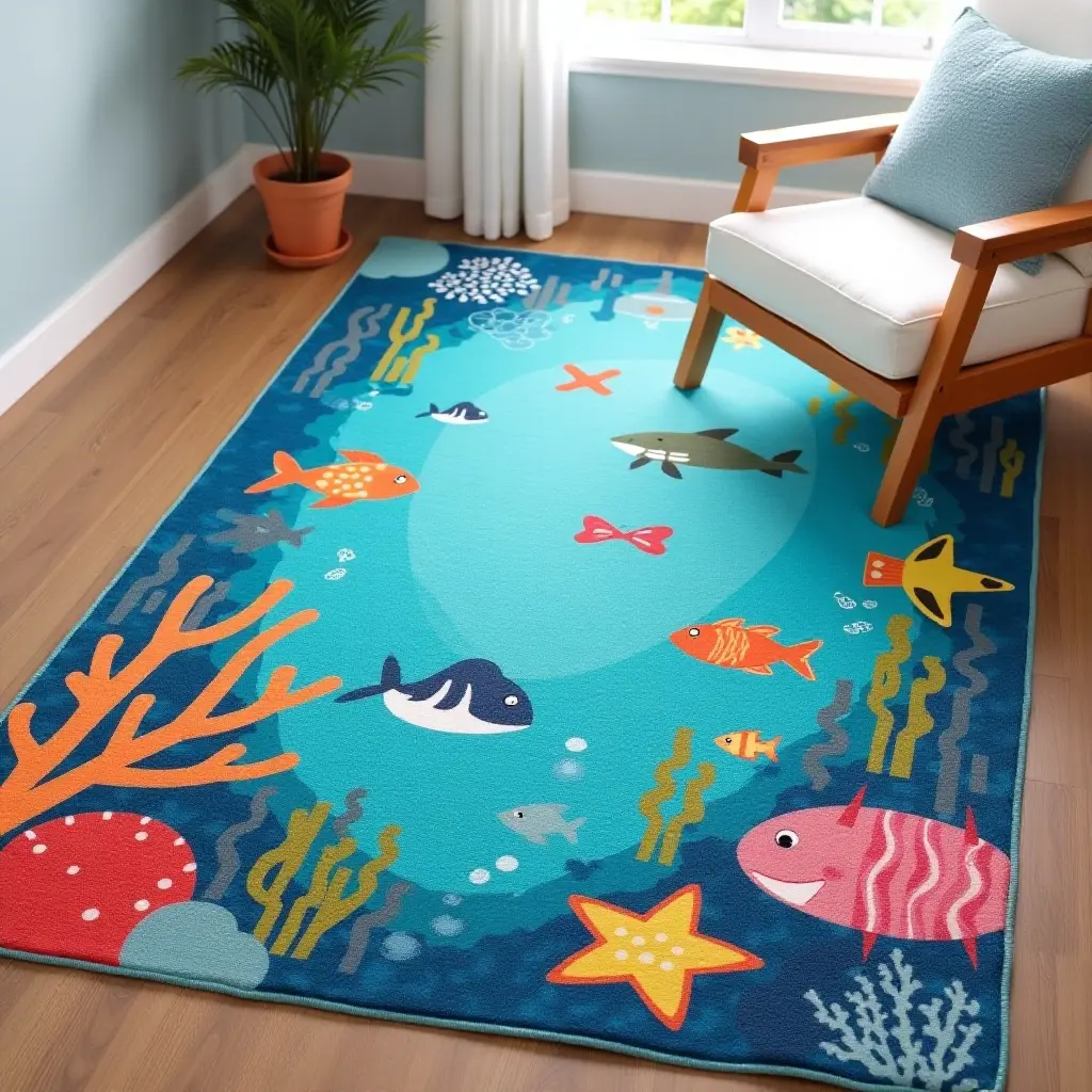 a photo of a vibrant underwater scene rug featuring sea creatures for a nursery