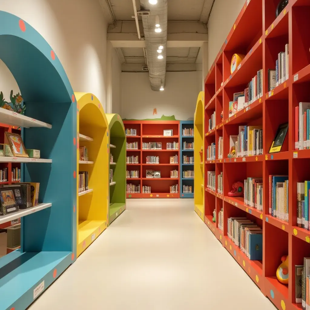 a photo of a colorful children's library with playful shelving designs