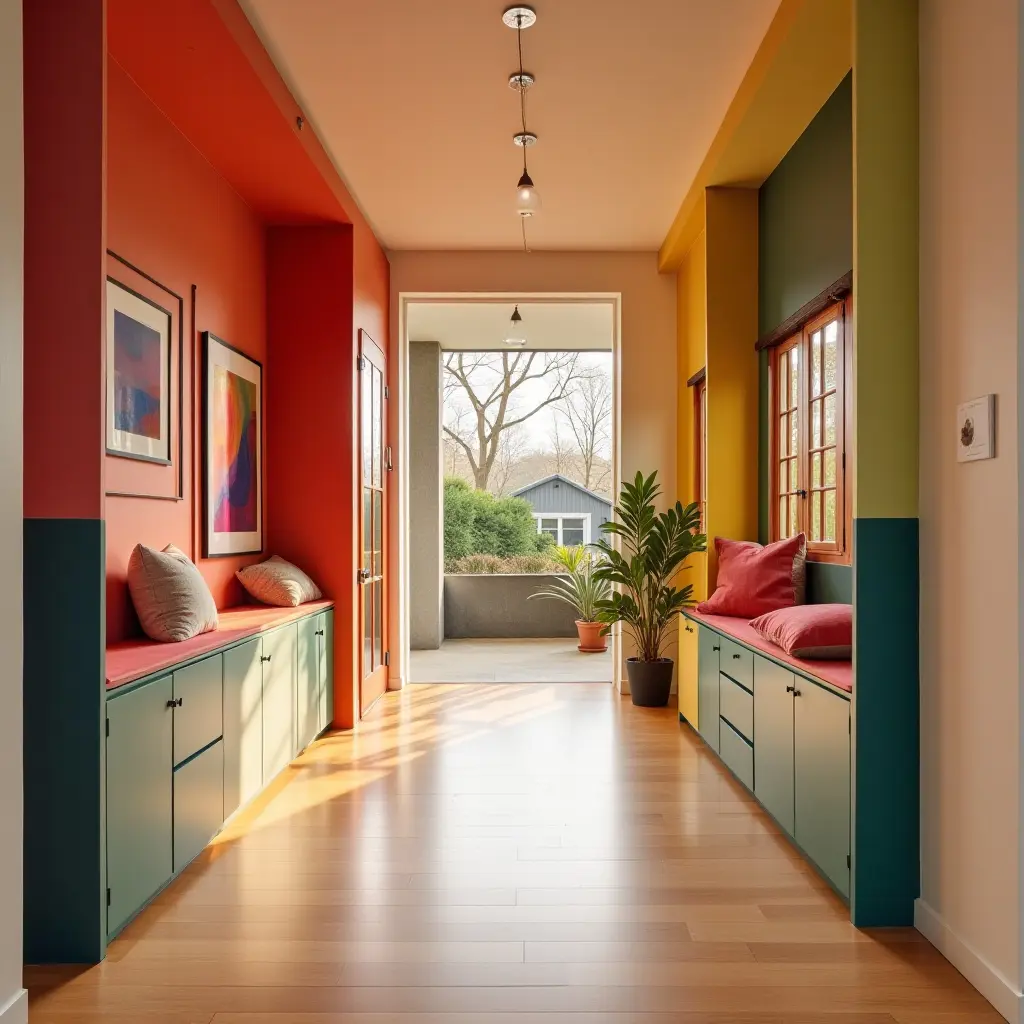 a photo of a vibrant corridor with a mix of colors and organized storage
