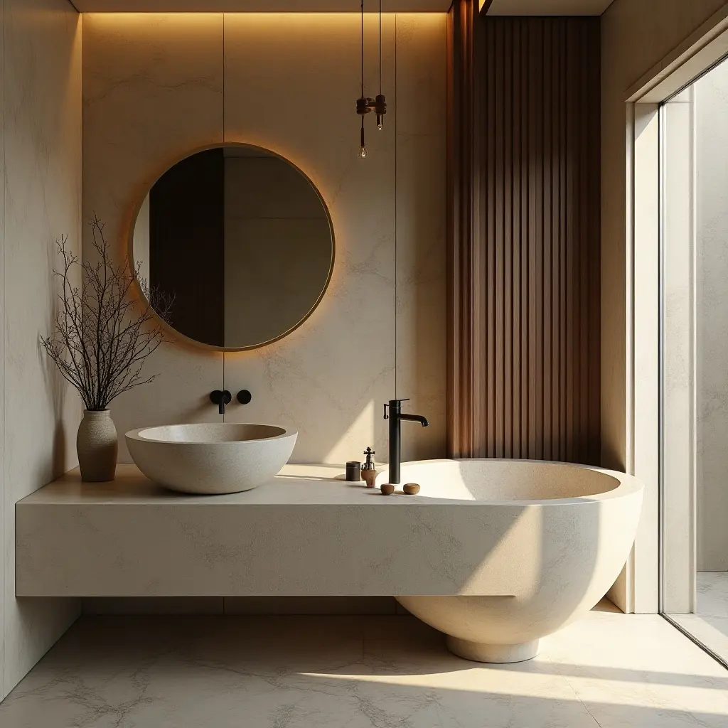 a photo of a bathroom featuring a natural stone sink