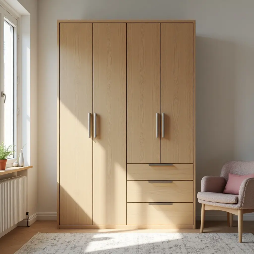 a photo of a stylish kids' room featuring a wooden wardrobe