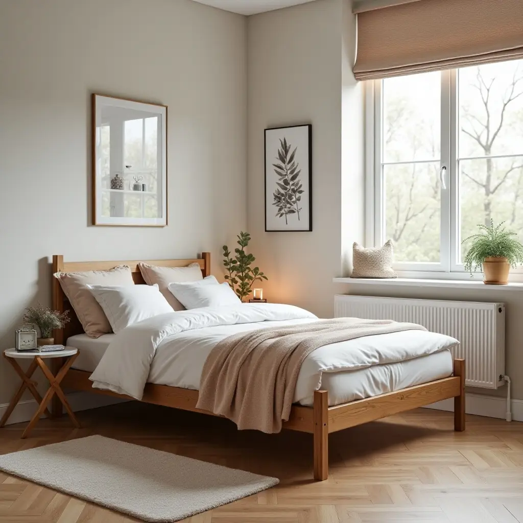 a photo of a classic wooden bedframe in a stylish teen's room