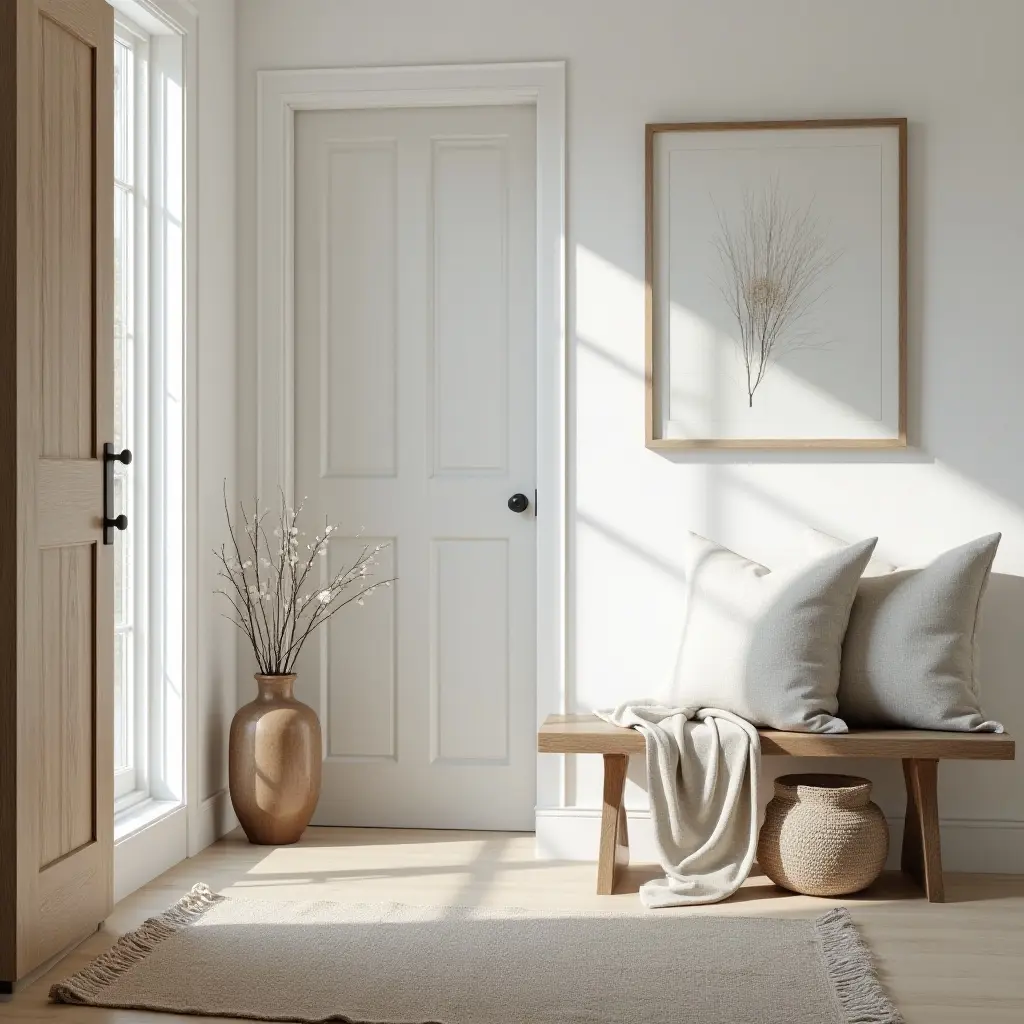 a photo of a tranquil entrance hall with linen throw pillows on a rustic bench
