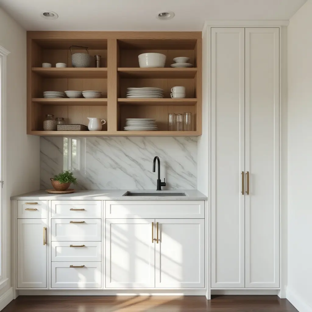 a photo of a modern butler's pantry with open shelving and sleek cabinets
