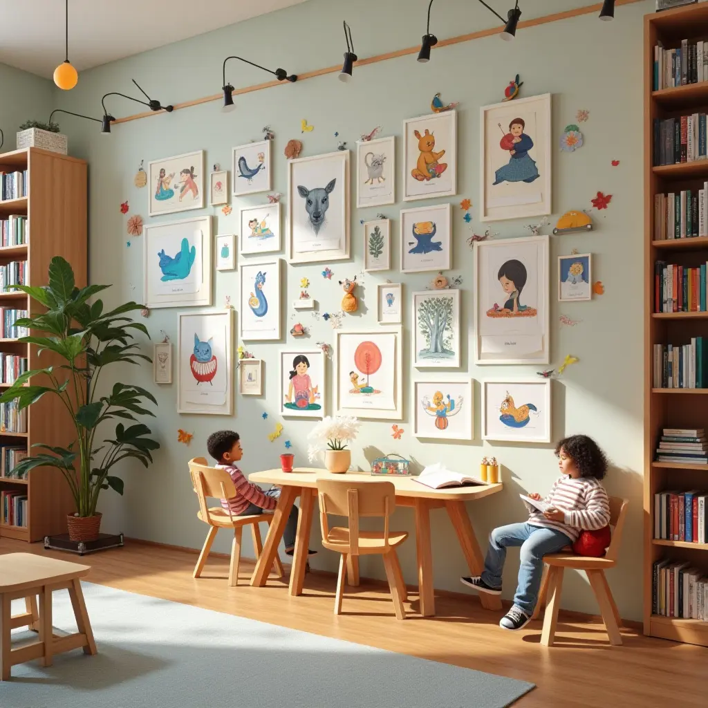 a photo of a library with a whimsical children's art gallery wall