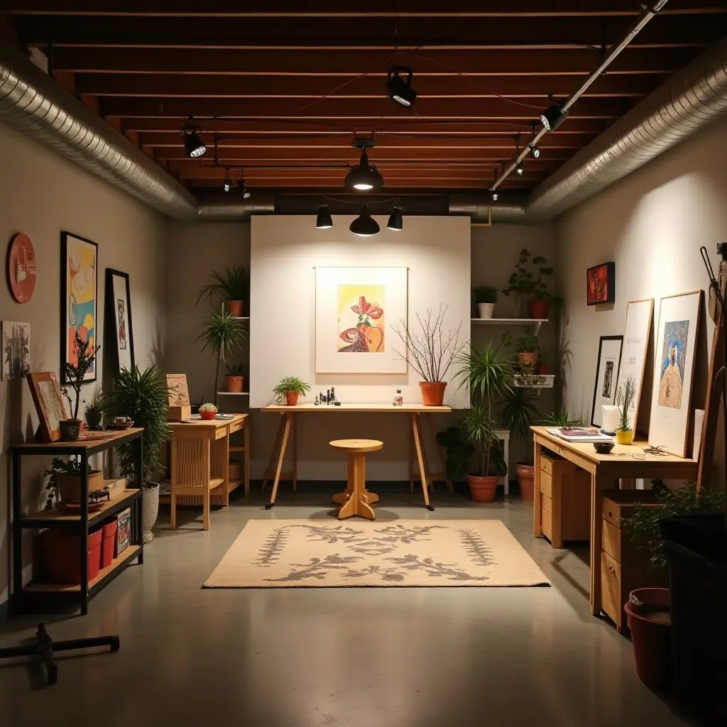 a photo of a creative basement art studio with adjustable spotlights