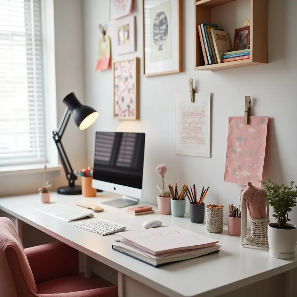 a photo of a trendy workspace in a teen's room with chic stationery and decor