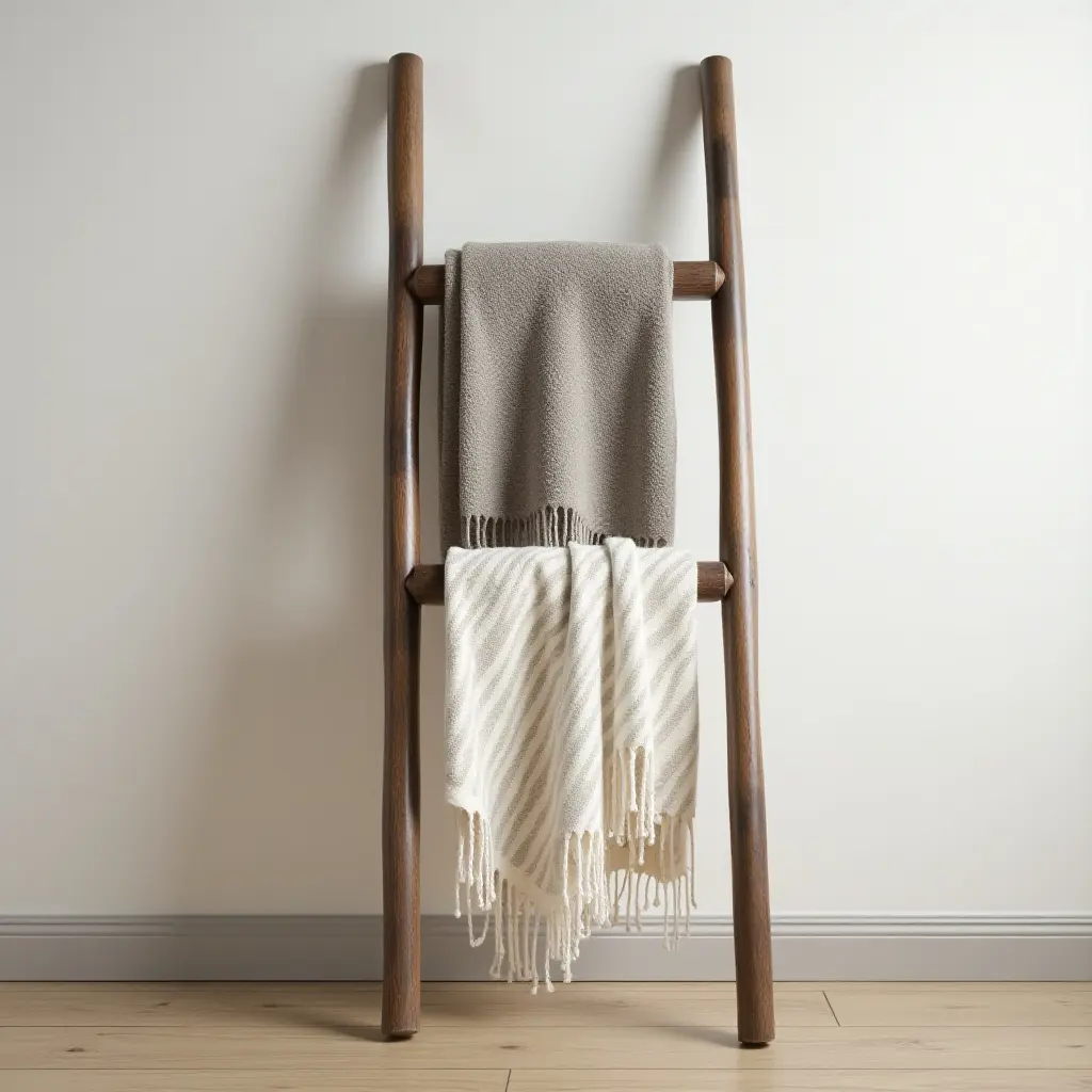 a photo of a decorative ladder used for displaying blankets