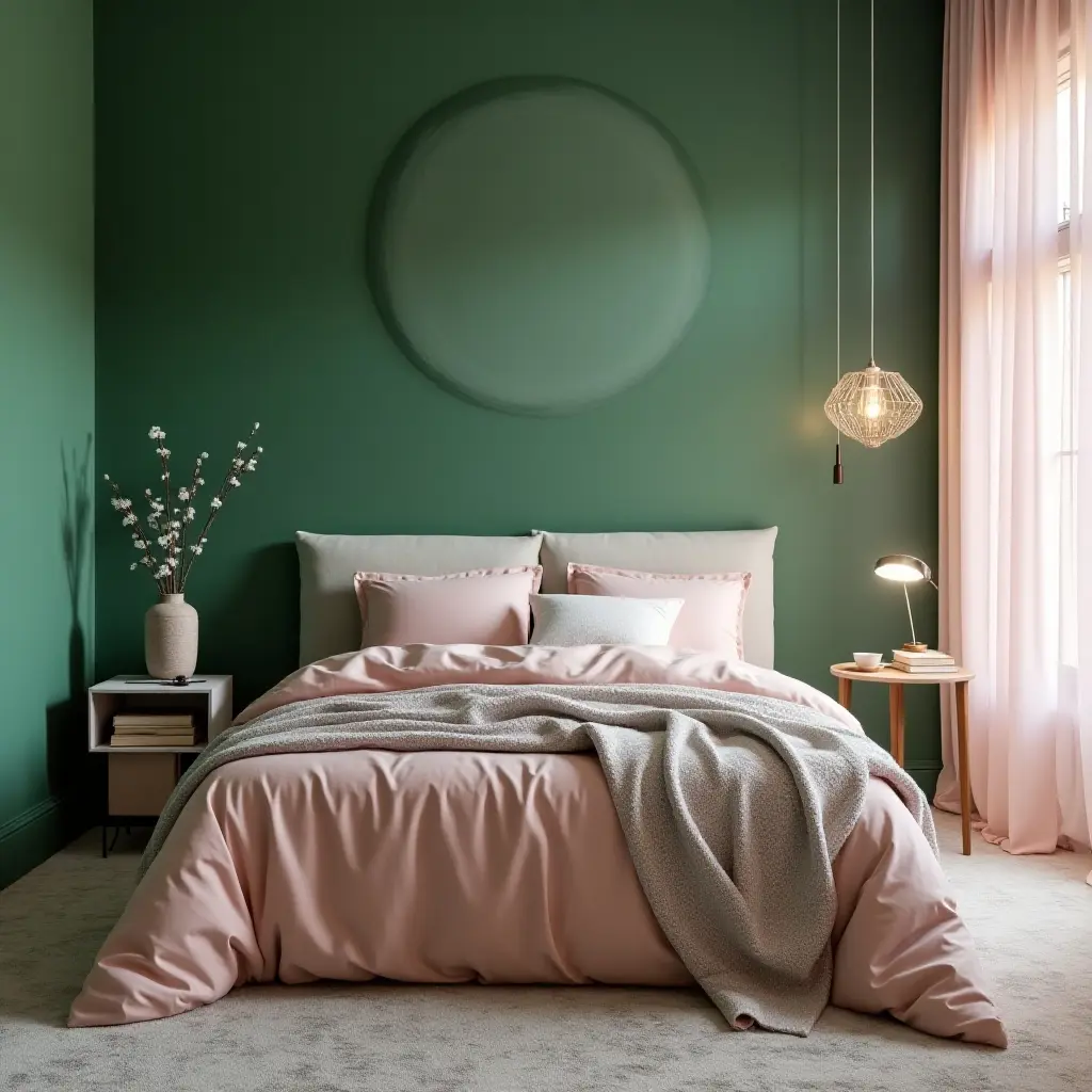 a photo of a stylish emerald green and blush pink bedroom