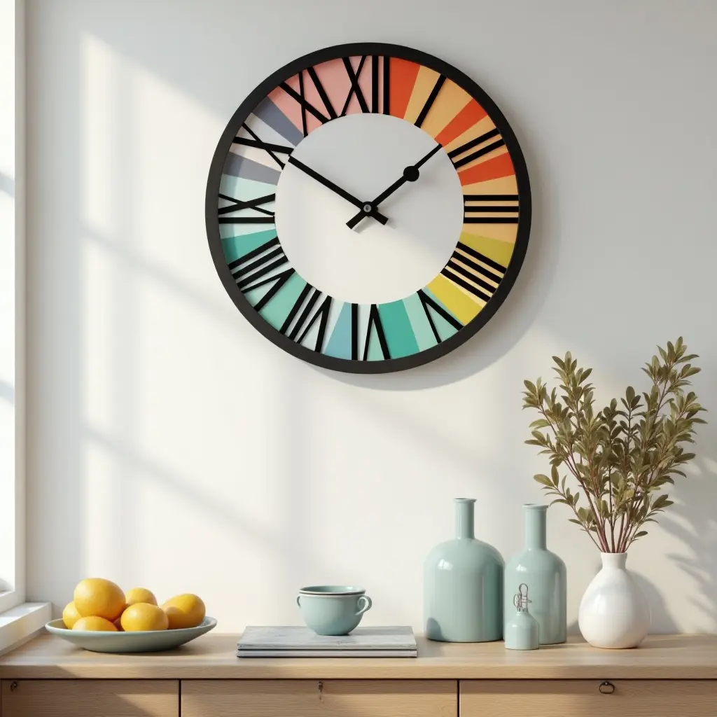 a photo of a large, colorful wall clock in a bright kitchen