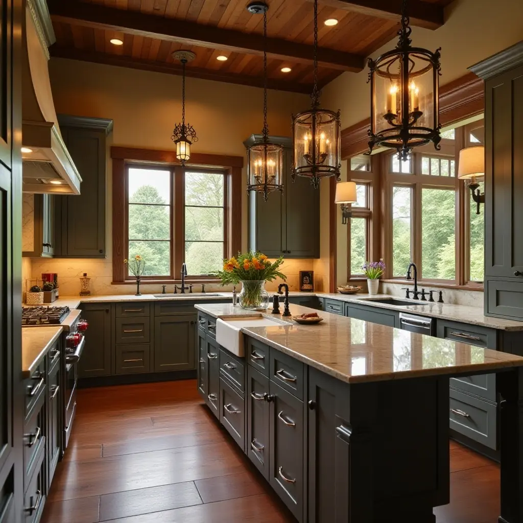 a photo of a warm kitchen with wrought iron accents and lanterns