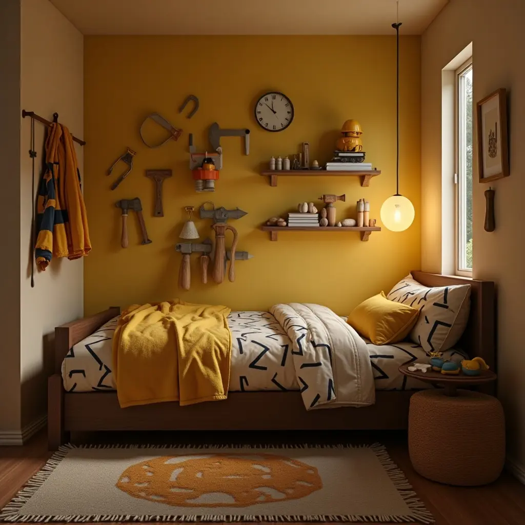 a photo of a construction-themed bedroom with tools and building elements