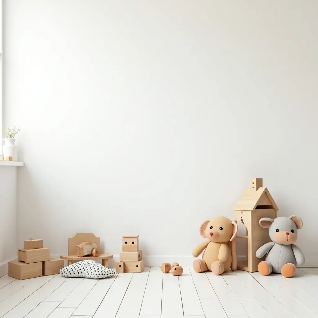 a photo of a bright Scandinavian kids' room with a white color palette and wooden toys