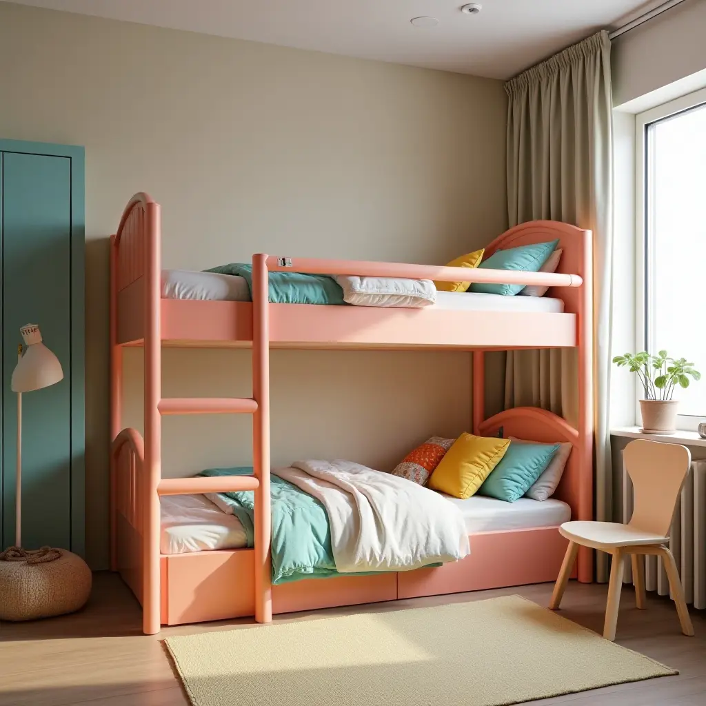 a photo of a colorful bunk bed setup in a trendy children's room