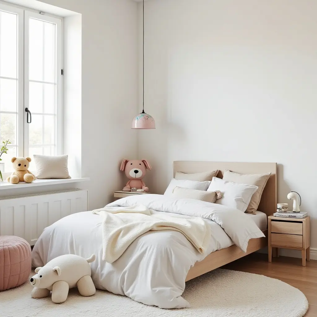 a photo of a light Scandinavian kids' room with layered bedding and playful accessories
