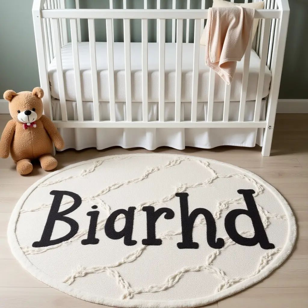 a photo of a personalized name rug with playful fonts for a nursery