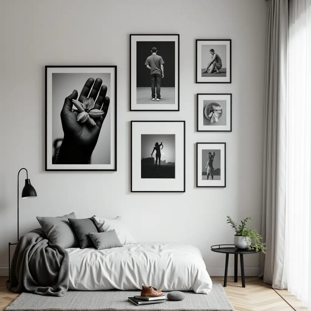 a photo of a black and white gallery wall with striking contrasts and bold images in a teen's space