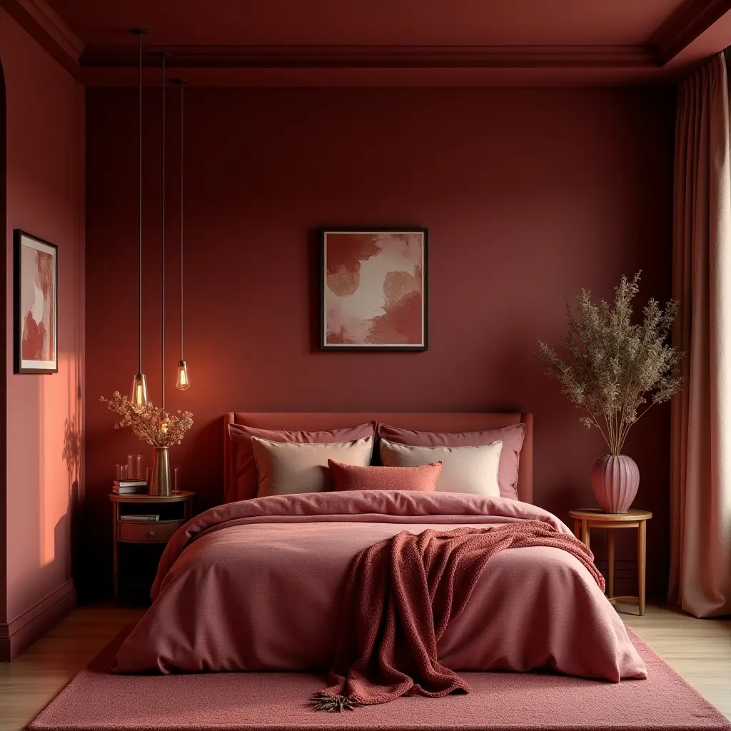 a photo of a warm, inviting bedroom with deep jewel-toned accents